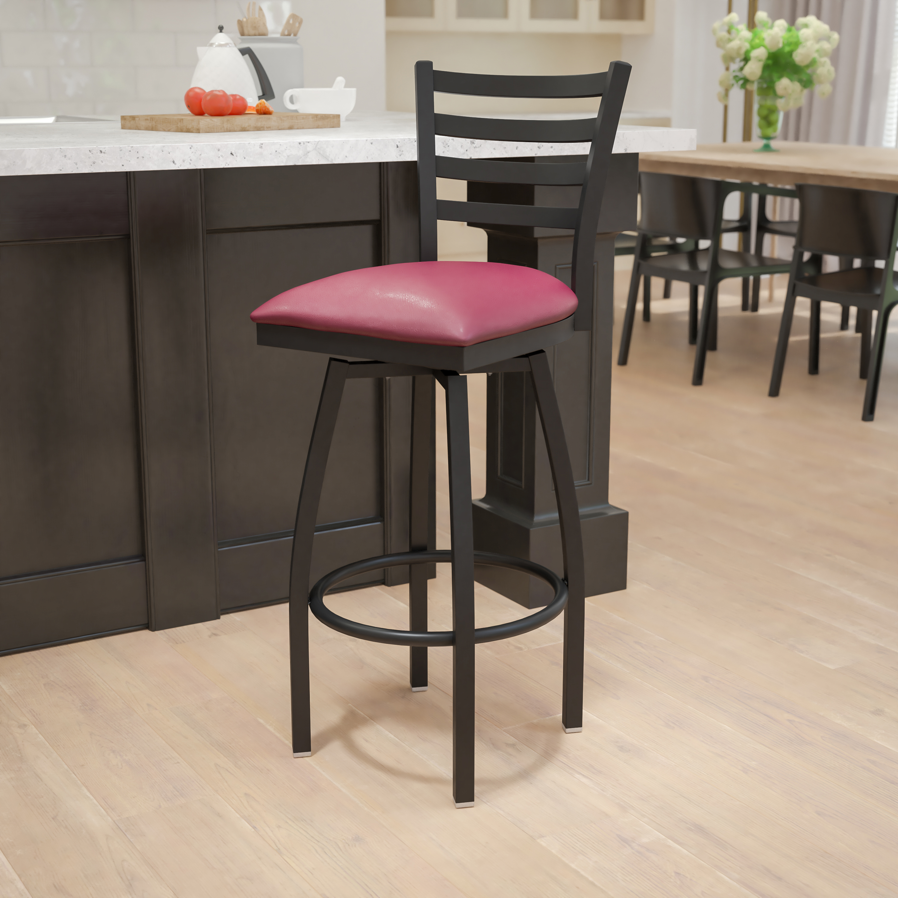 Emma + Oliver Black Metal Ladder Back Swivel Barstool, Burgundy Vinyl Seat